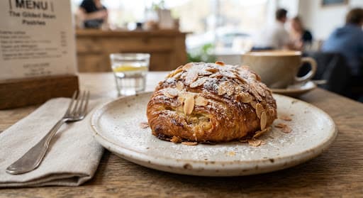 Twice-baked almond frangipane brioche dusted with powdered sugar and toasted almond flakes