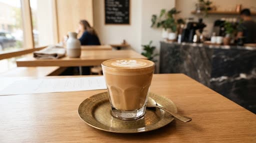 A cortado with latte art in a faceted Gibraltar glass on a brass saucer