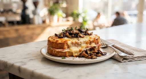 Toasted croque sandwich with molten Gruyère, sautéed wild mushrooms and fresh thyme