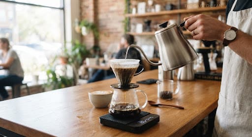 Pour-over coffee poured from a gooseneck kettle into a glass carafe on a wooden brew bar