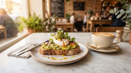 Artisanal sourdough tartine with an organic poached egg and fresh coffee on a marble table