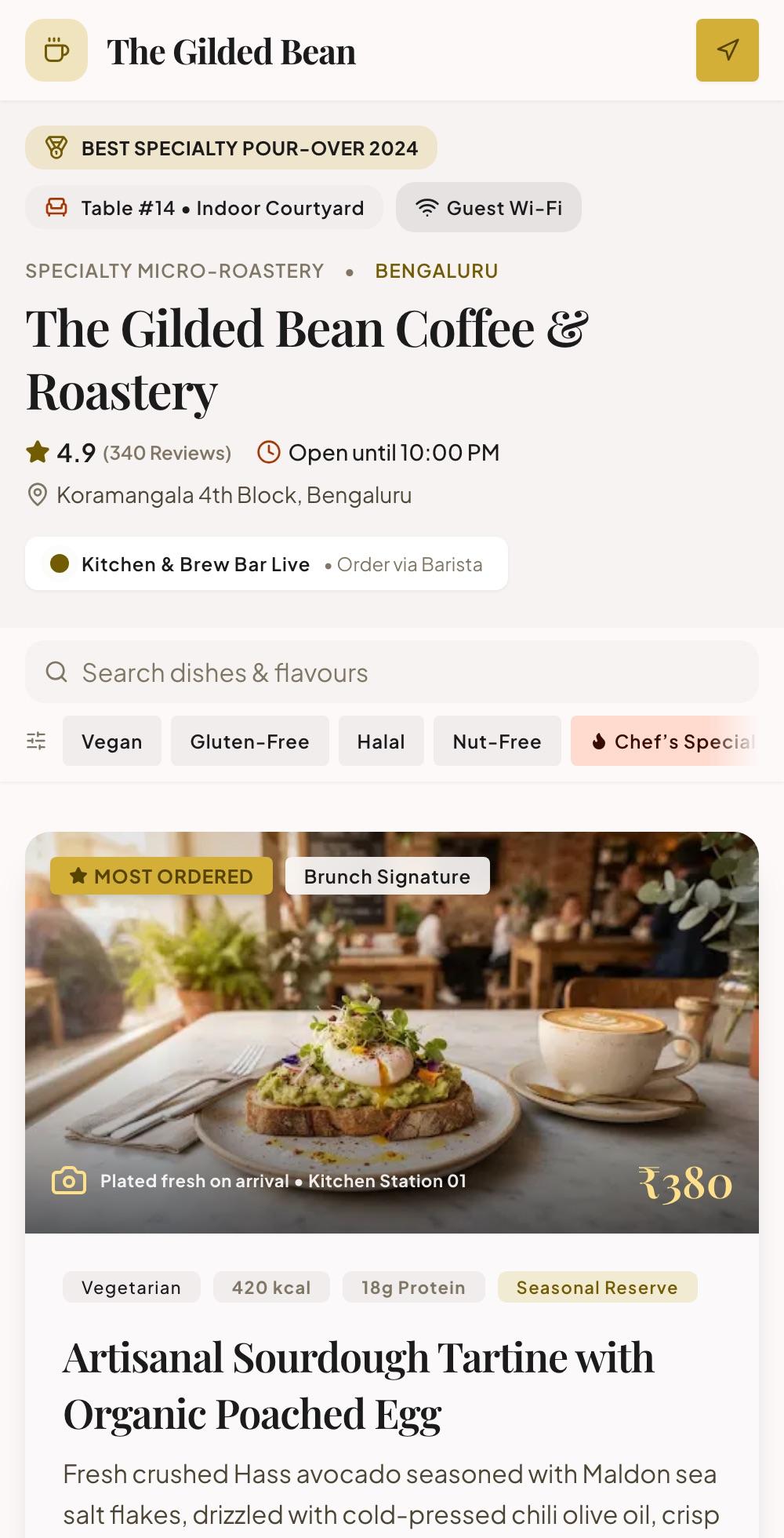 The demo café's menu on a phone, with search, diet filters and dishes