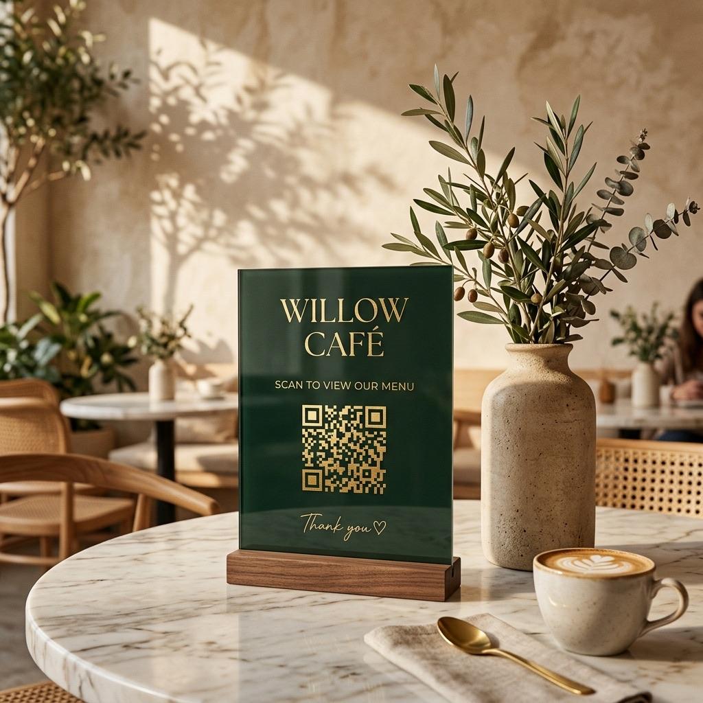 A QR code menu stand on a marble café table beside a cappuccino