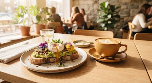 Avocado toast with a poached egg and edible flowers beside a latte on a sunny café table